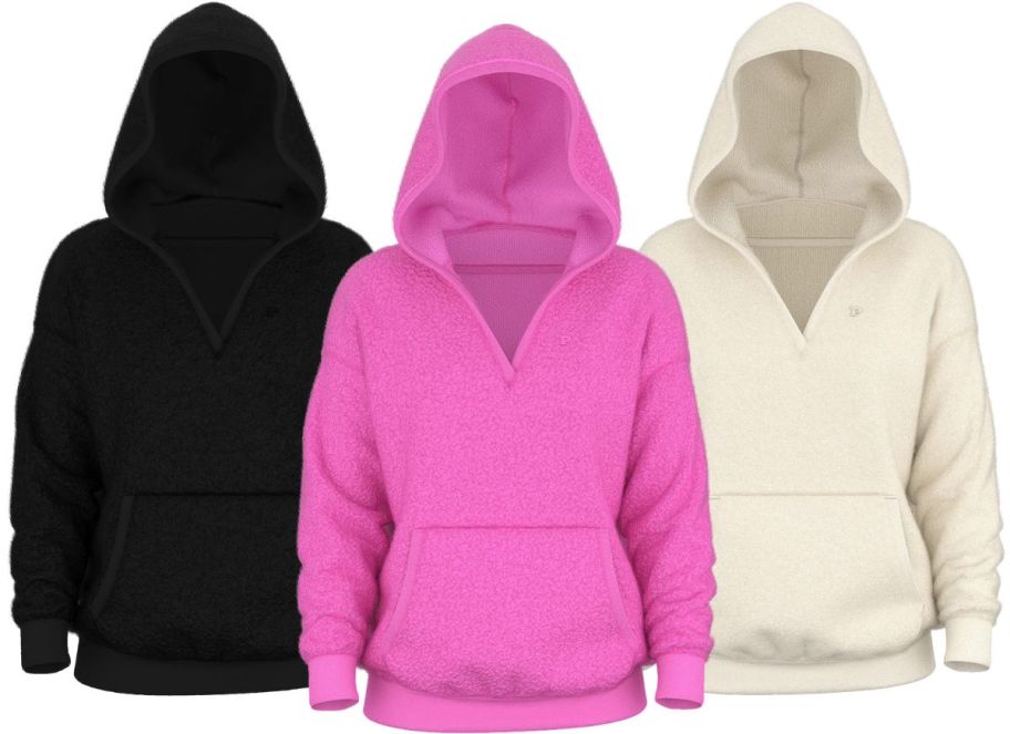 three vs pink fleece hoodies in black, cream and hot pink