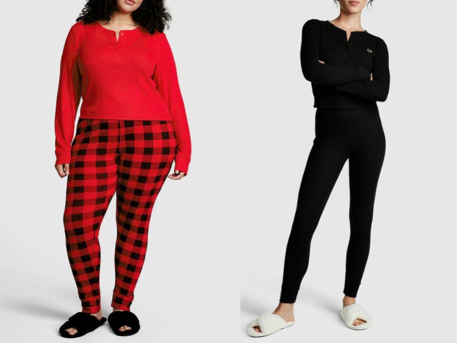 woman wearing black and red pajama set and woman wearing black pajama set