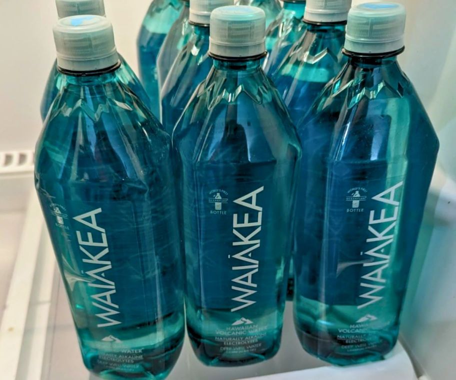 waiakea water bottles in a fridge