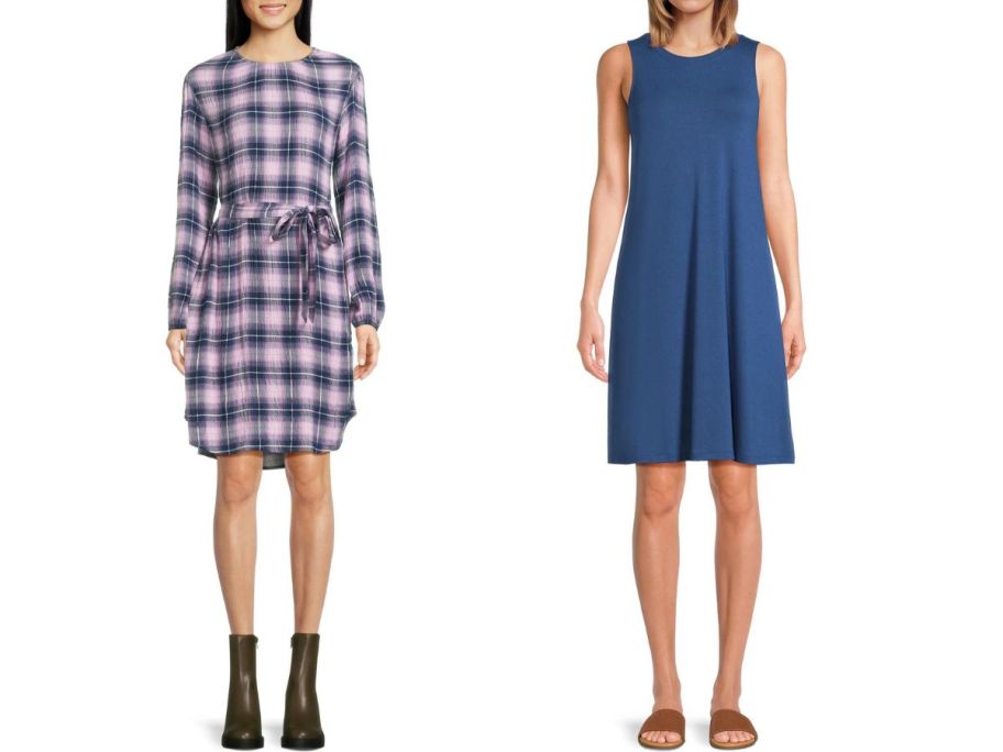 woman wearing plaid dress and woman wearing blue dress