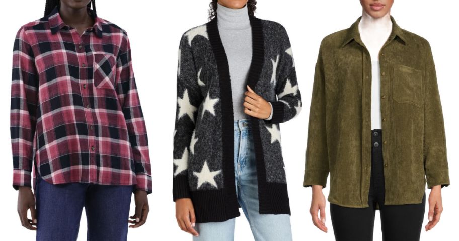 three open front shirts and cardigans