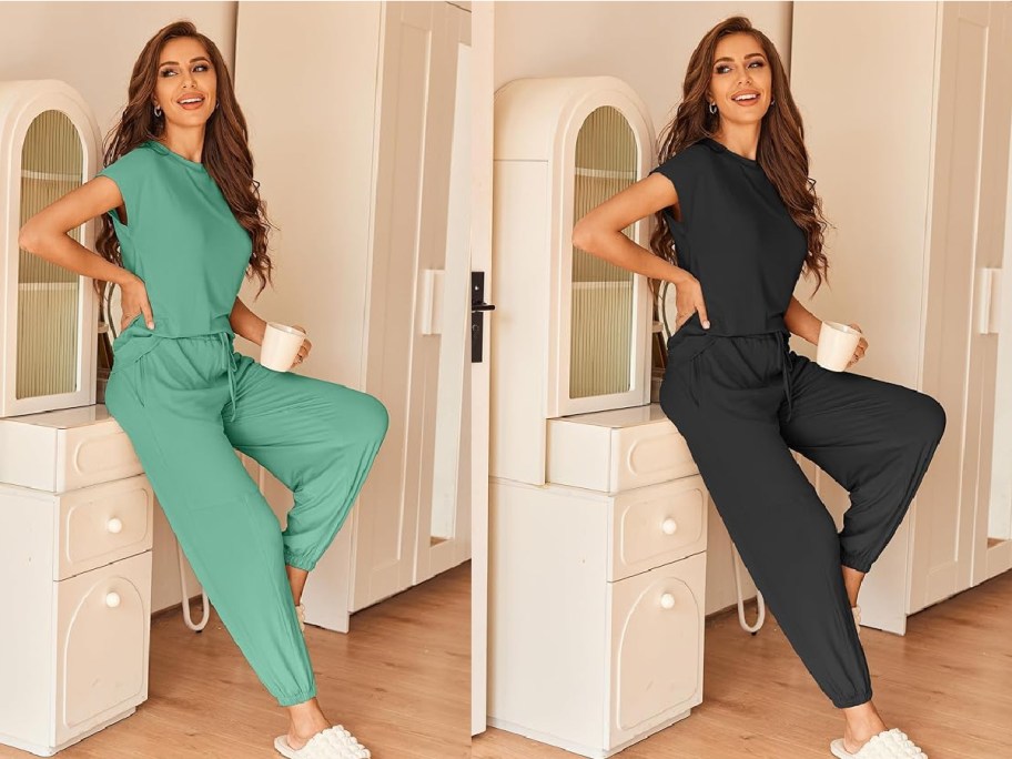 woman wearing green and black lounge sets