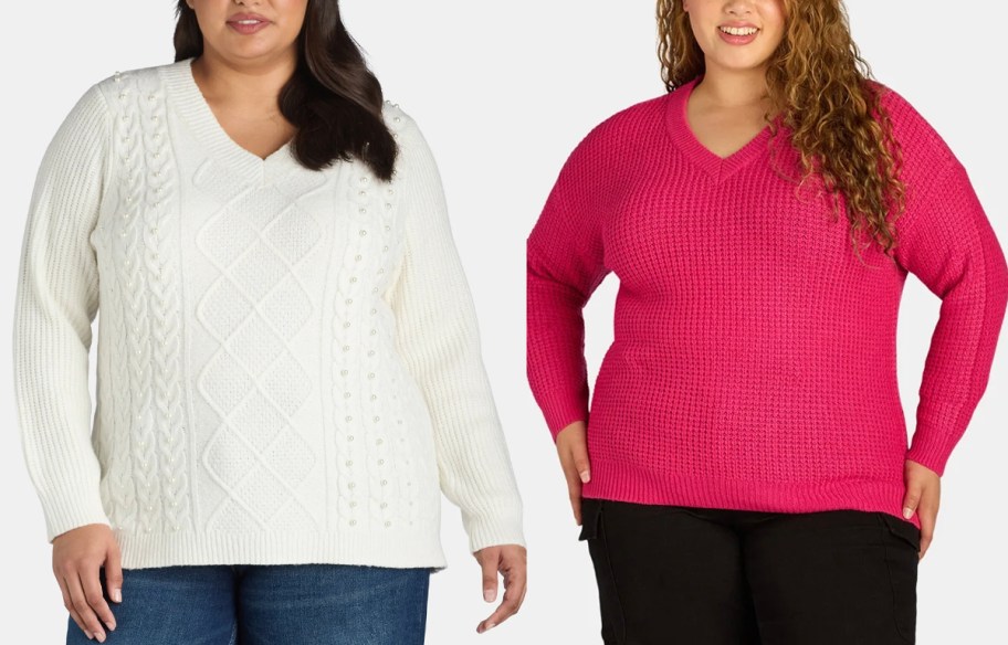 two women wearing white and pink sweaters 