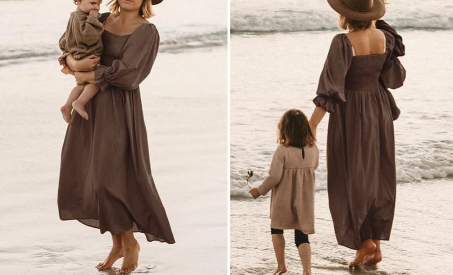 front and back view of woman and child on beach
