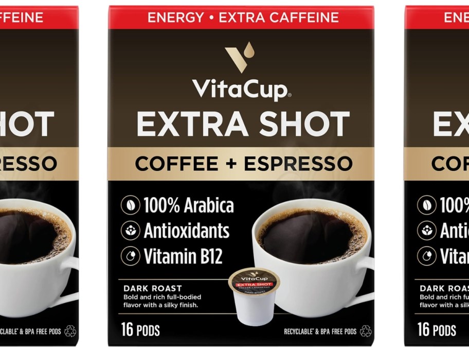 boxes of VitaCup Extra Shot Strong Coffee Pods