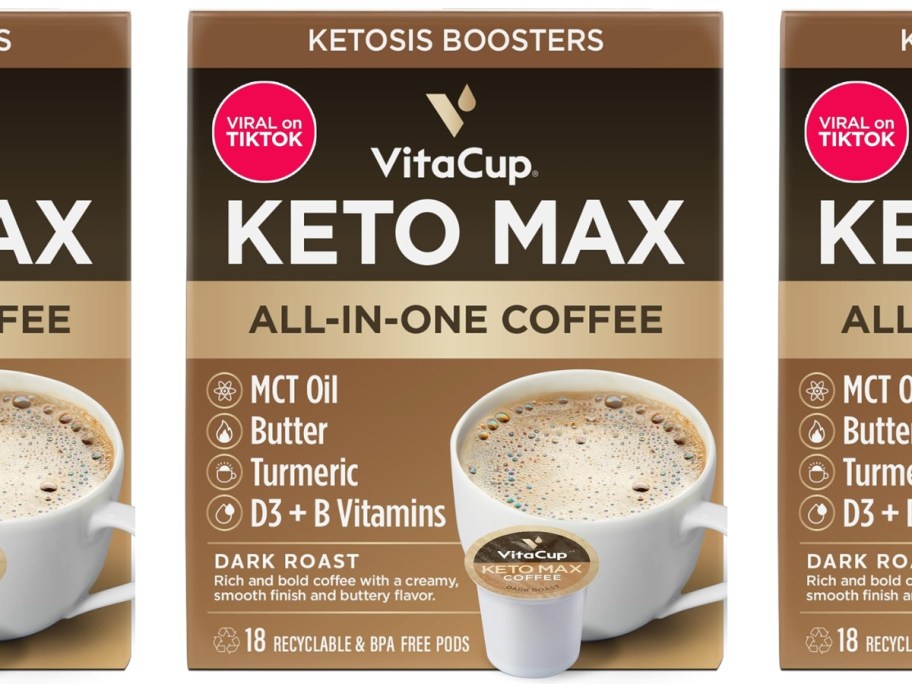 boxes of VitaCup Keto Max Dark Roast Coffee Pods
