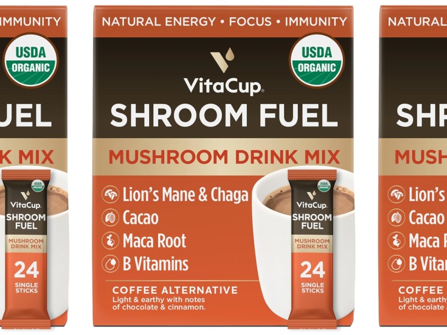 boxes of VitaCup Shroom Fuel, Mushroom Based Instant Coffee Alternative Packets