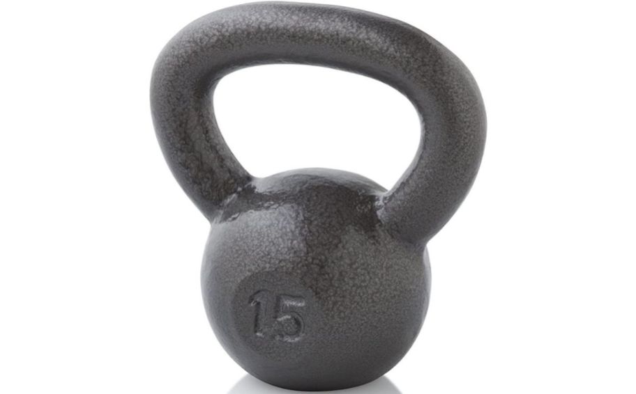 a gray 15 pound kettlebell on a white background