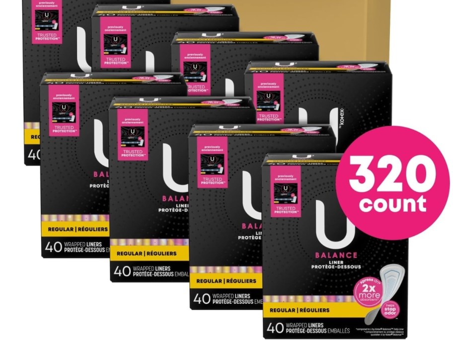 image showing 8 boxes of U by Kotex Balance Wrapped Panty Liners, Regular Length with "320 Count" label
