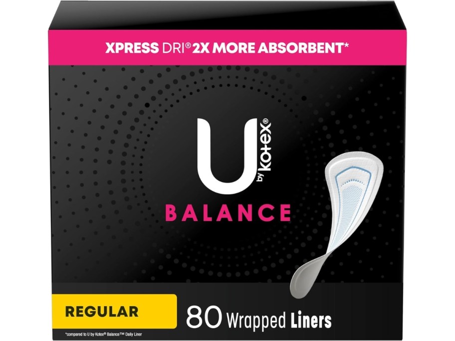 box of U by Kotex Balance Wrapped Panty Liners, Regular Length, 80 Count