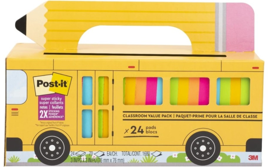 a school bus shaped carry case with more Post-It notes in it