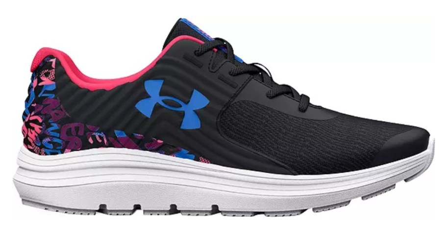 black, blue and pink kids Underarmour shoe