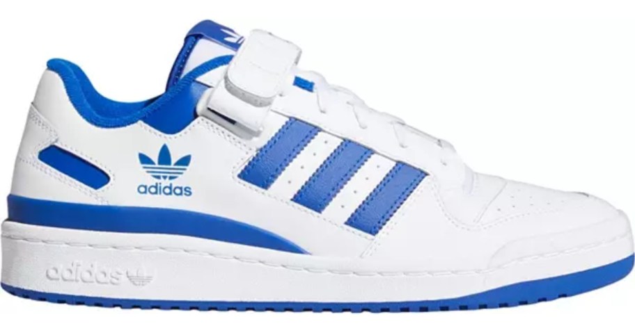 white and blue men's Adidas forum sneaker