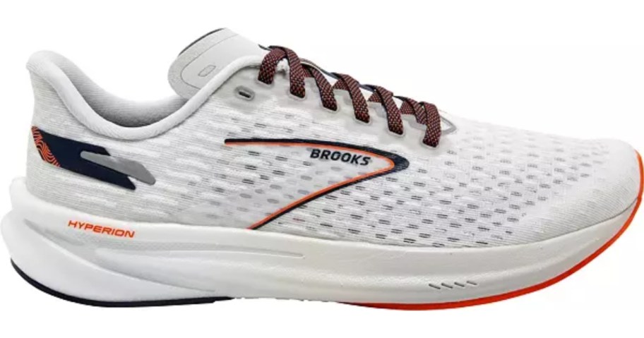 white men's Brooks running shoe with red accents