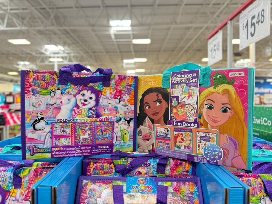 Lisa Frank and Disney Princess Coloring & Activity Tri-Fold Storage Case standing up on a display bin with more beneath it at Sam's Club