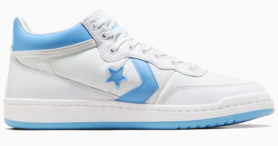 white leather Converse fastbreak shoe with light blue accents
