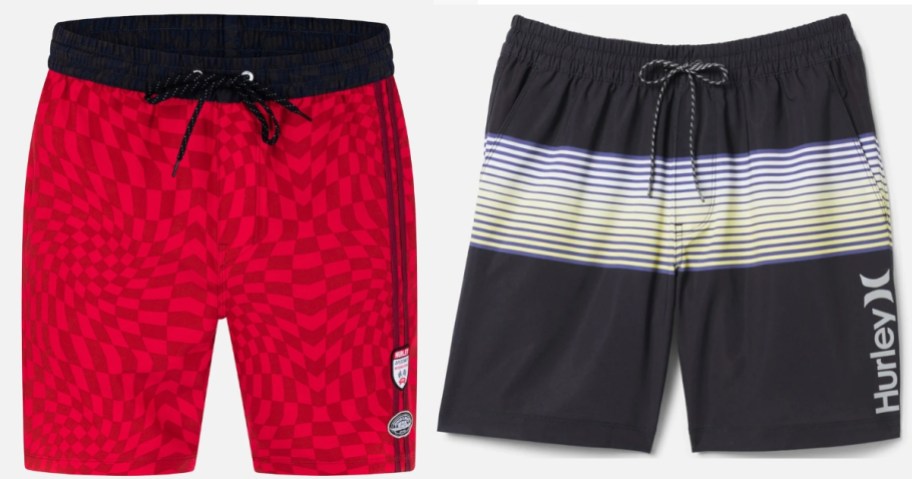 red and black checkered board shorts and black with ombre stripes Hurley board short