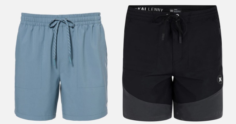 light blue and black and charcoal black Hurley shorts