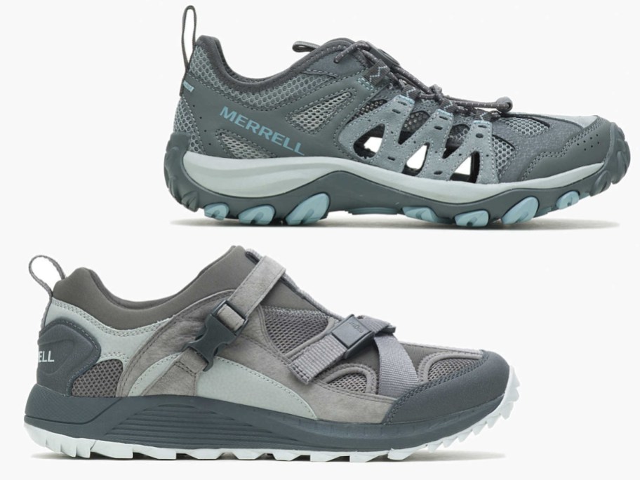 grey and light blue women's and men's Merrell shoes