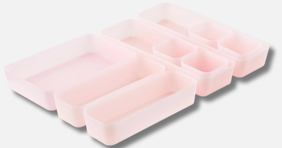 set of 9 light pink plastic drawer organizers in different sizes