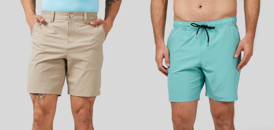 men in khak shorts and bright blue swim shorts