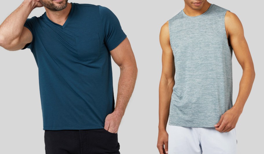 man in teal v-neck shirt and man in light blue tank top