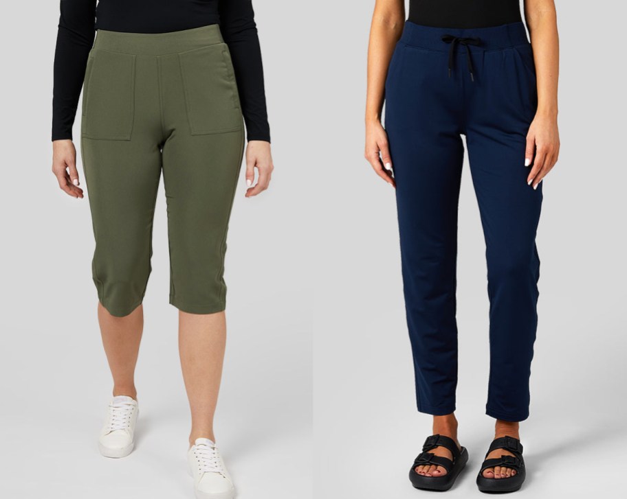 women in army green capris and dark blue pants
