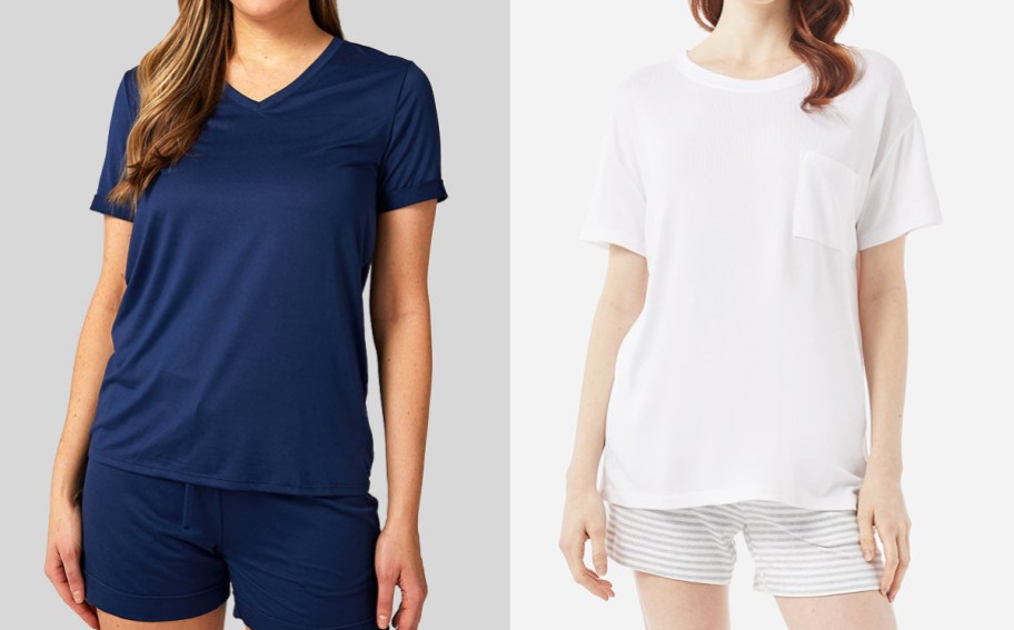 two women in navy blue and white t-shirts