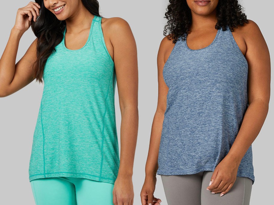 two women wearing teal and blue tanks 