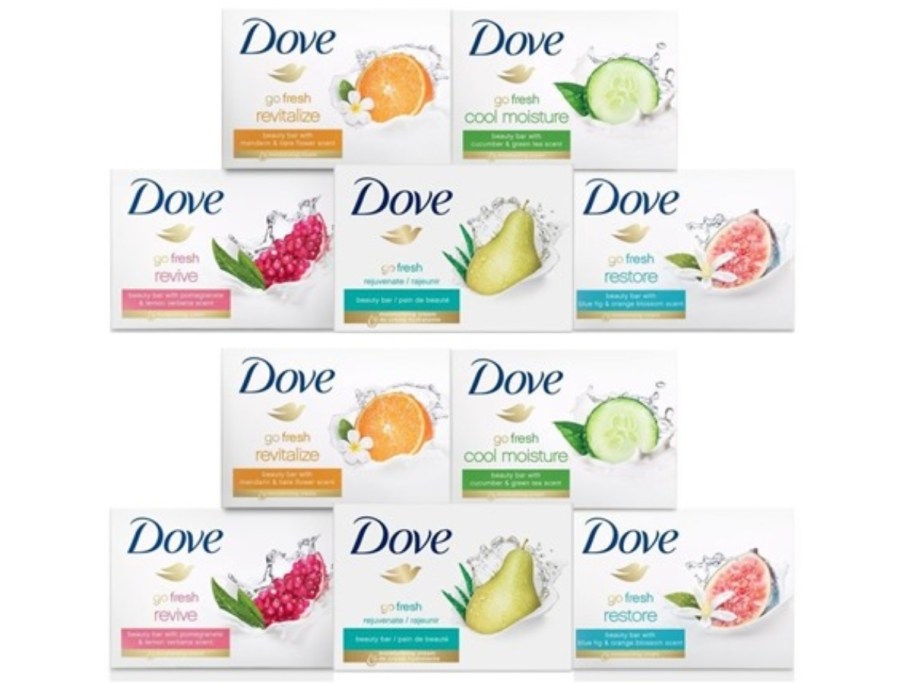 15 packs of Dove bar soap in different scents