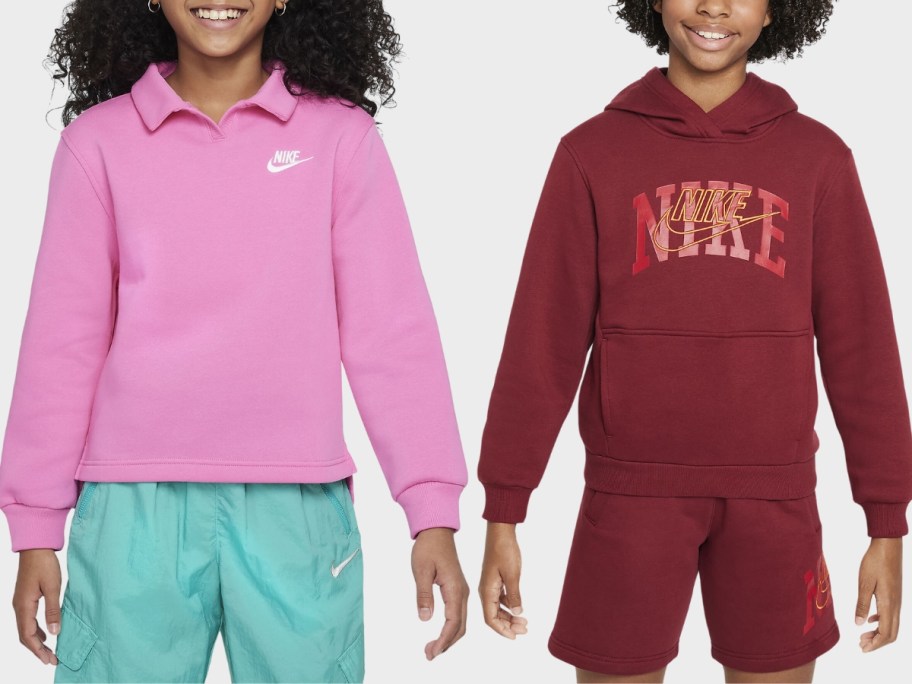 girl wearing a pink polo collar Nike pullover sweatshirt and boy wearing a dark red Nike logo hoodie