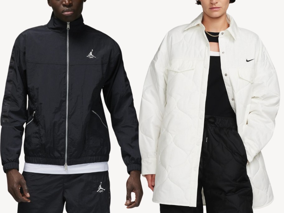 man wearing a black Nike Jordan jacket and woman wearing a white Nike quilted trench coat