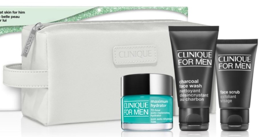 Clinique men's skincare set with white zipper cosmetic bag and box