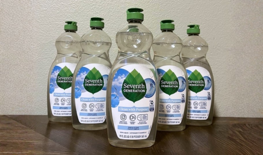 6 bottles of dish soap on a counter top