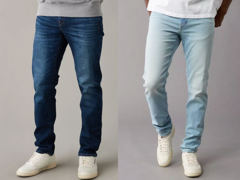men in dark wash straight jeans and light wash skinny jeans