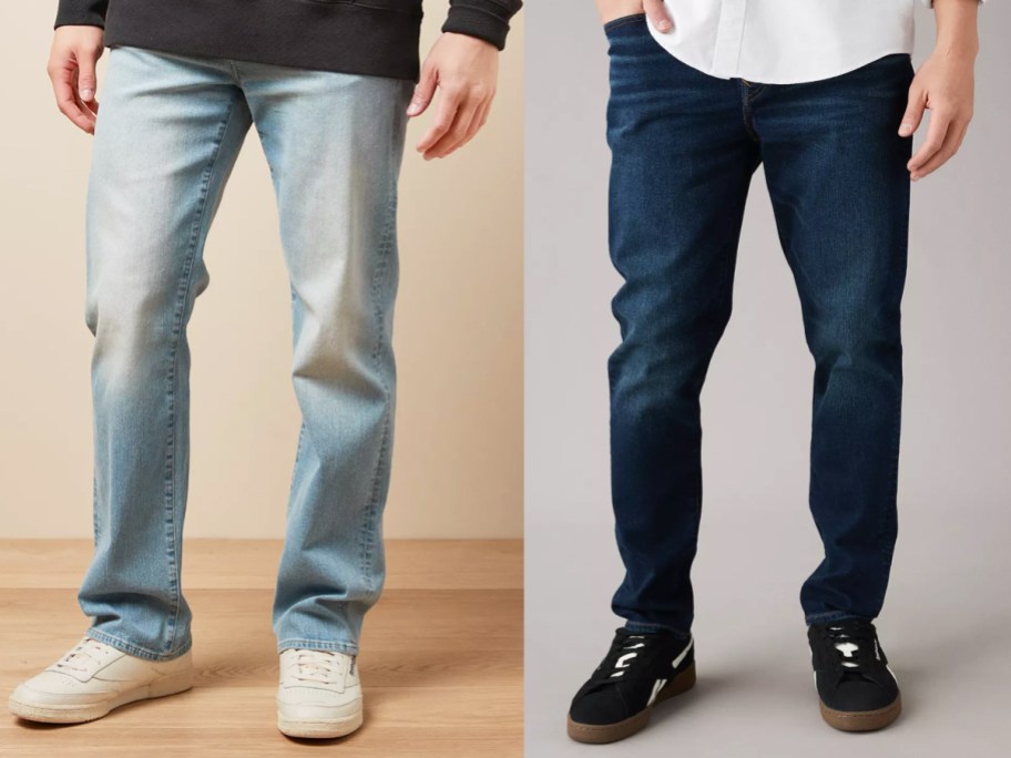 two men in light and dark wash jeans