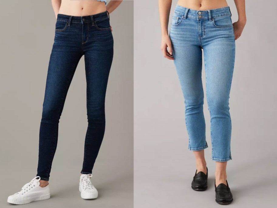 two women in dark wash skinny jeans and medium wash cropped jeans