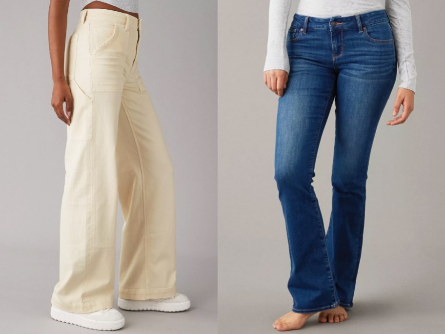 women in white baggy jeans and dark wash bootcut jeans