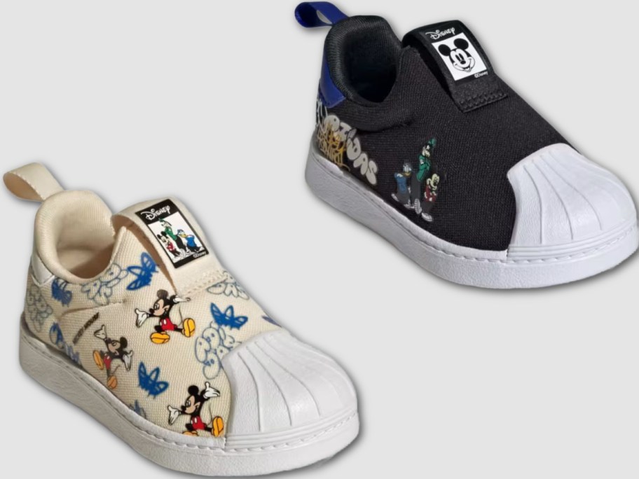 Stock images of two Adidas x Disney Little Kids Superstar 360 Shoes