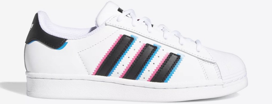 white adidas sneakers with white, pink, and blue stripes