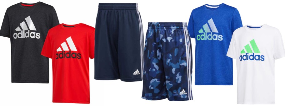 sets of adidas graphic tees and shorts in various colors