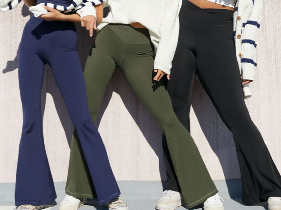 3 women wearing aerie flare leggings