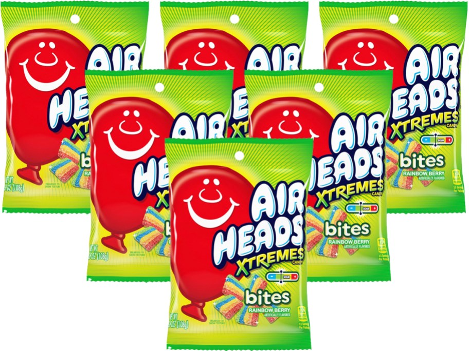 6 green and red bags of Airheads Candy Xtremes Bites