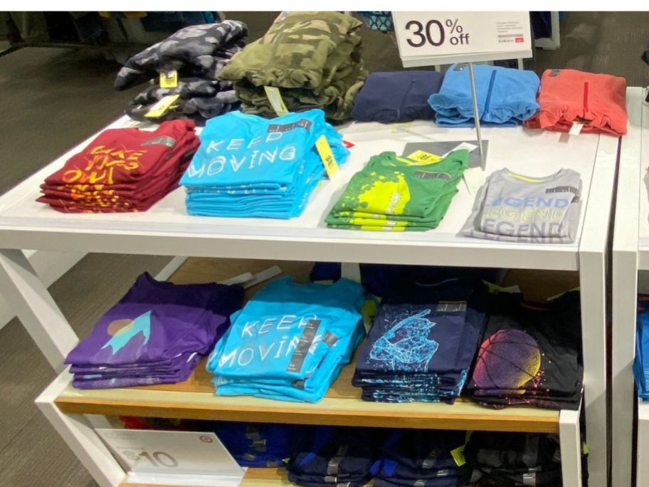 A table of folded all in motion boys tees at Target