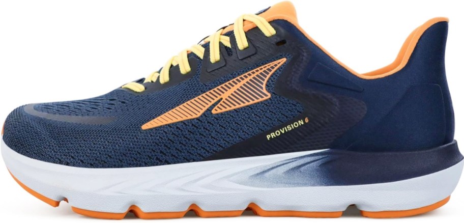 navy blue, orange, and white running shoe
