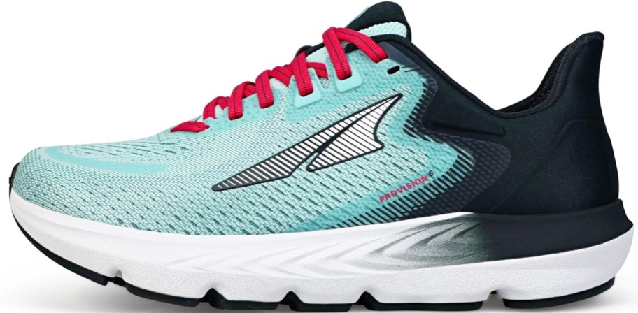 light blue and black running shoe with dark pink laces