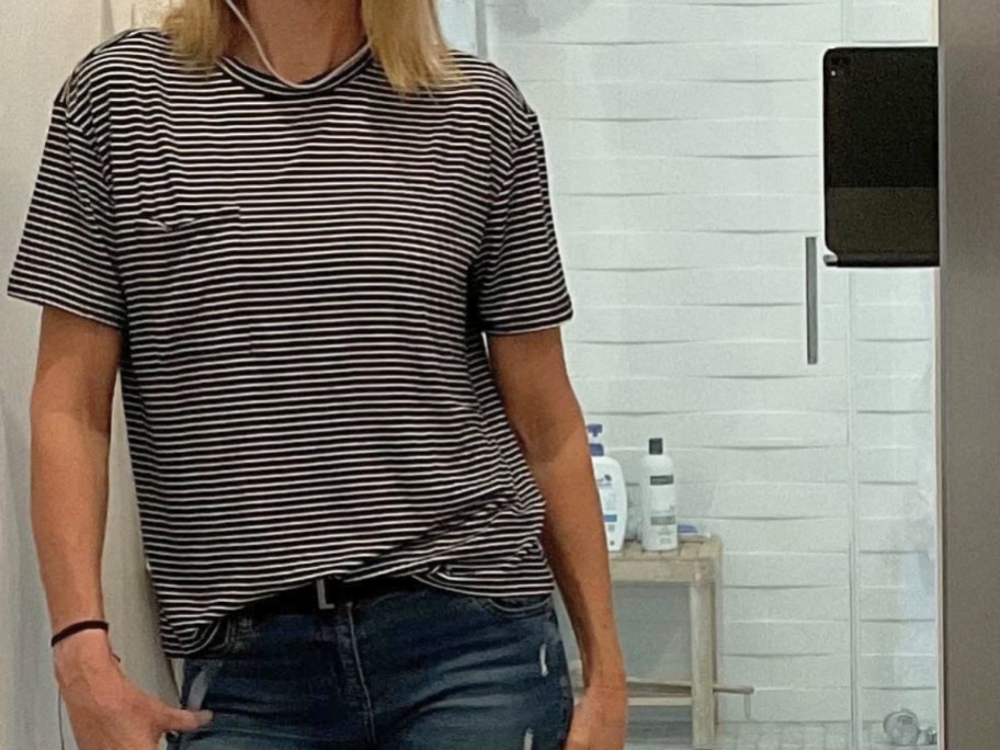 woman wearing amazon essentials relaxed fit tee with stripes