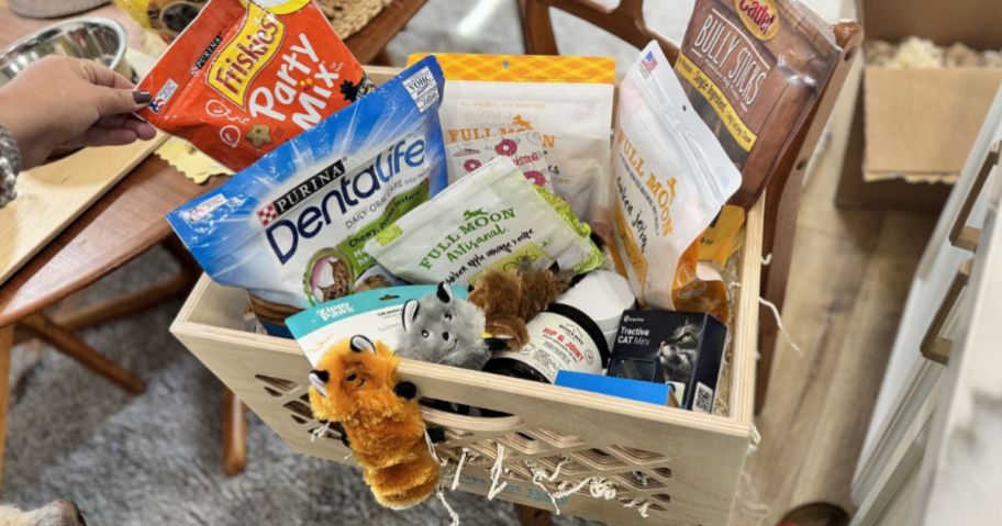A crate of pet supplies from Amazon