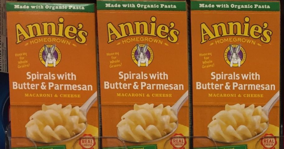 Boxes of Annies Mac & cheese on a shelf
