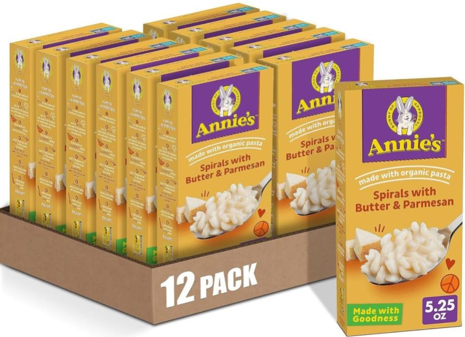 Stock image of a case of Annie's Mac & Cheese Butter & Parmesan Spirals